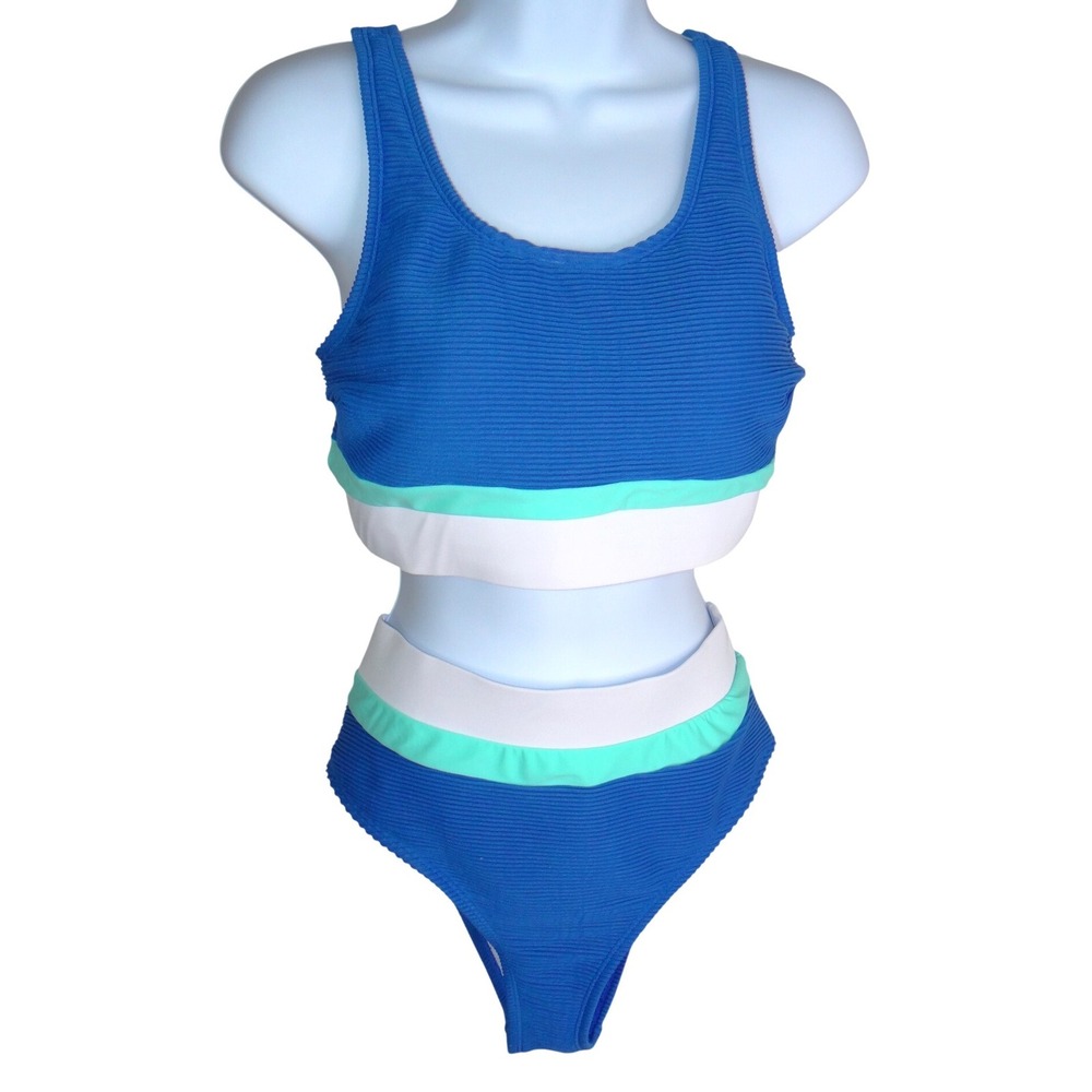 Blue Colorblock Ribbed High Waisted Bikini‎ Set Sporty Two Piece Swimsuit